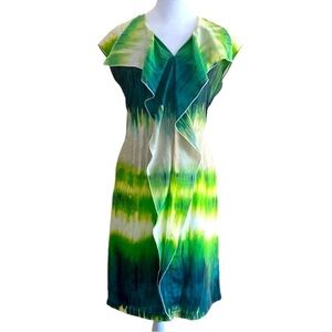 Etcetera Ruffle V-Neck Watercolor Silk Dress Women’s Green Size 0